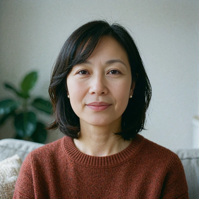 Woman in her mid-forties in a rust knit sweater, illustrating a discreet online dating scenario for this elvori review