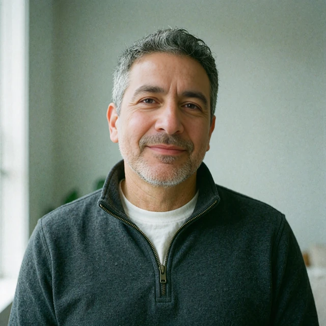 Smiling man in his late forties in a charcoal pullover, picturing a local singles scenario in this elvori review