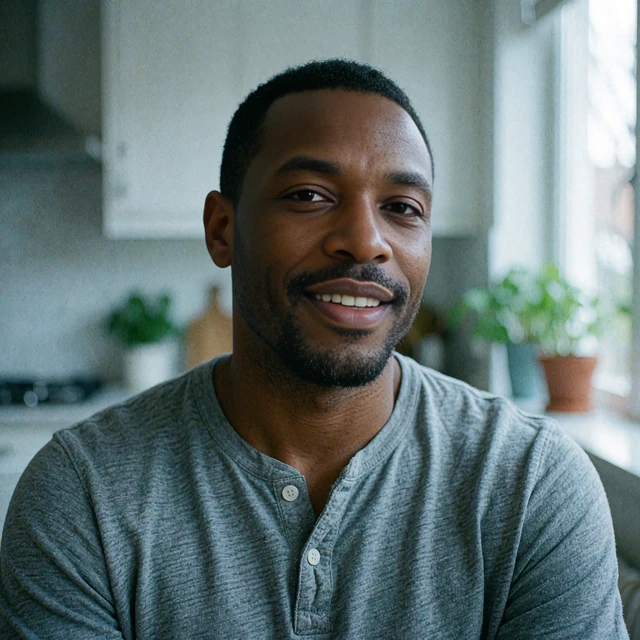Relaxed man around forty in a gray henley at home, illustrating swipe fatigue with online dating in the elvori review