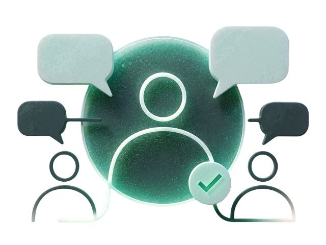Profile badge with a check mark surrounded by chat bubbles, illustrating verified profiles on a dating site in the elvori review